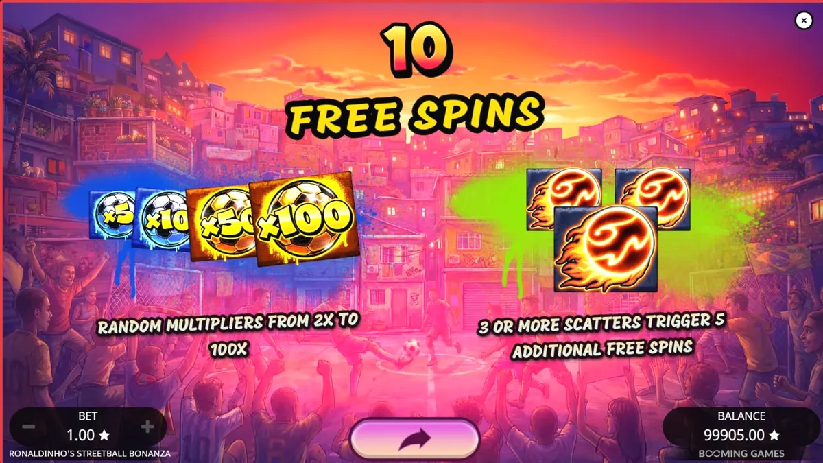Tampilan visual slot Ronaldinho’s Streetball Bonanza dengan latar belakang favela dan elemen sepak bola jalanan.